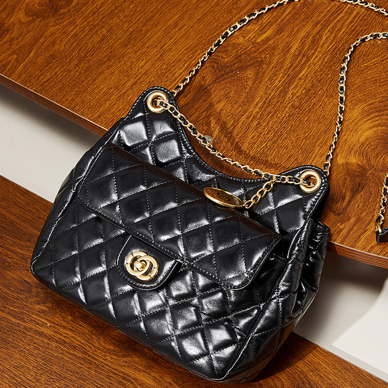 First layer of cowhide hobo bag genuine leather Chanel style fashionable versatile shoulder crossbody bag