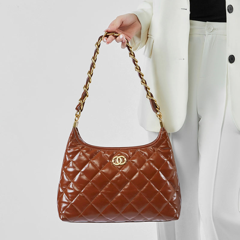 Genuine leather Chanel style shoulder bag chain hobo underarm bag diamond crossbody bag