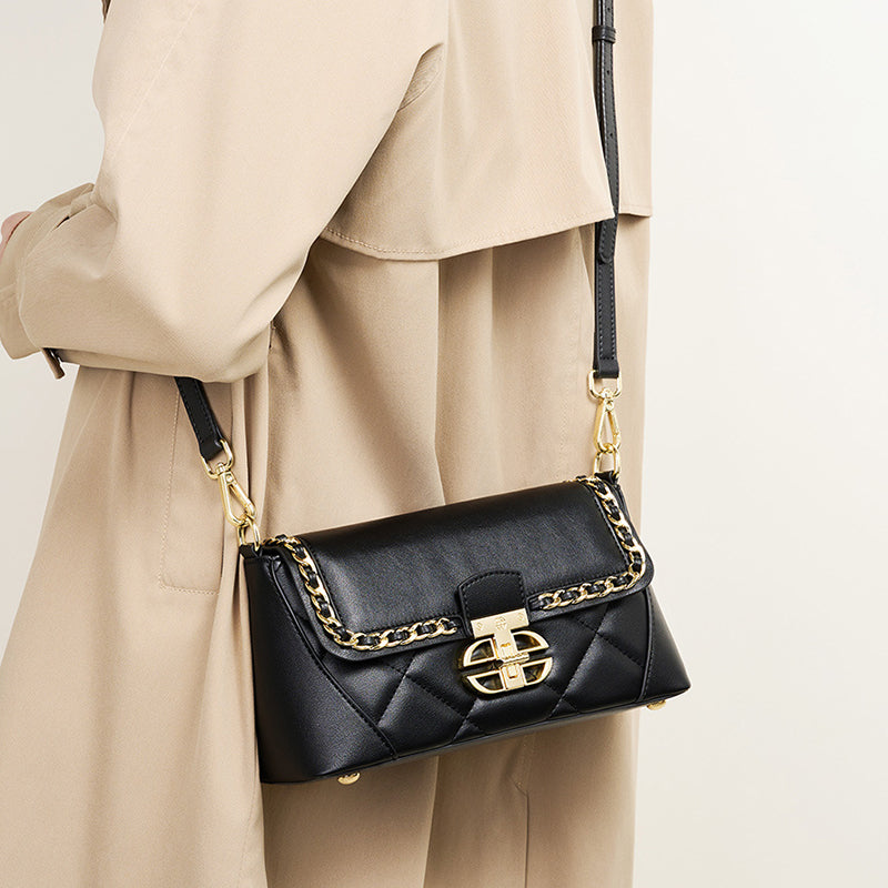 Genuine leather heavy embroidery baguette small square chain bag high-end shoulder underarm bag