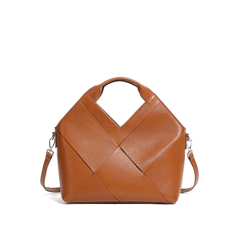 Top layer genuine leather woven handbag inverted triangle design fashionable soft leather handbag crossbody bag for women
