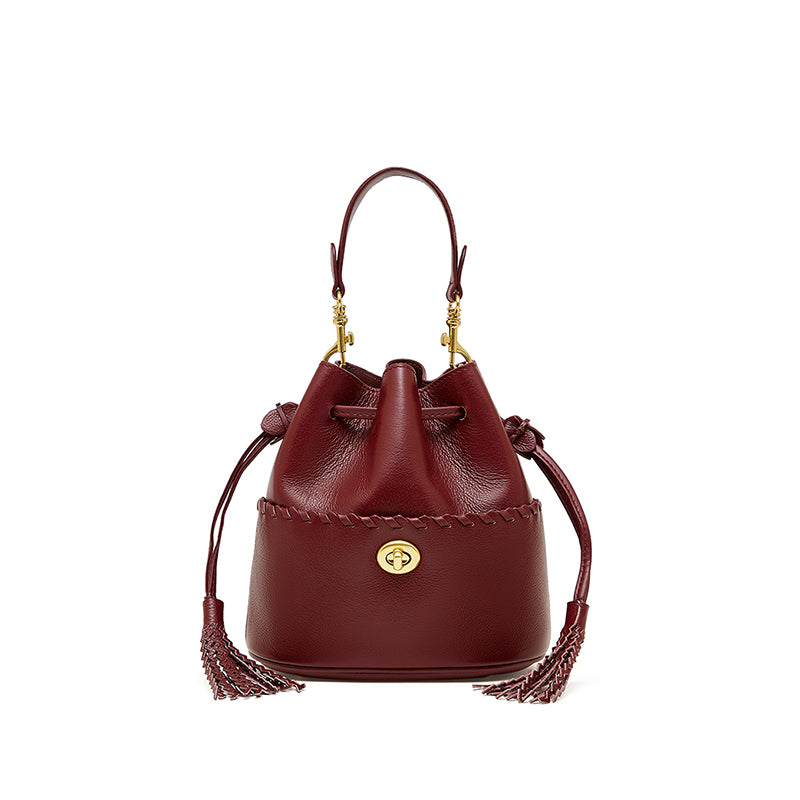Genuine leather high-grade first-layer cowhide bucket bag tassel niche drawstring shoulder messenger bag