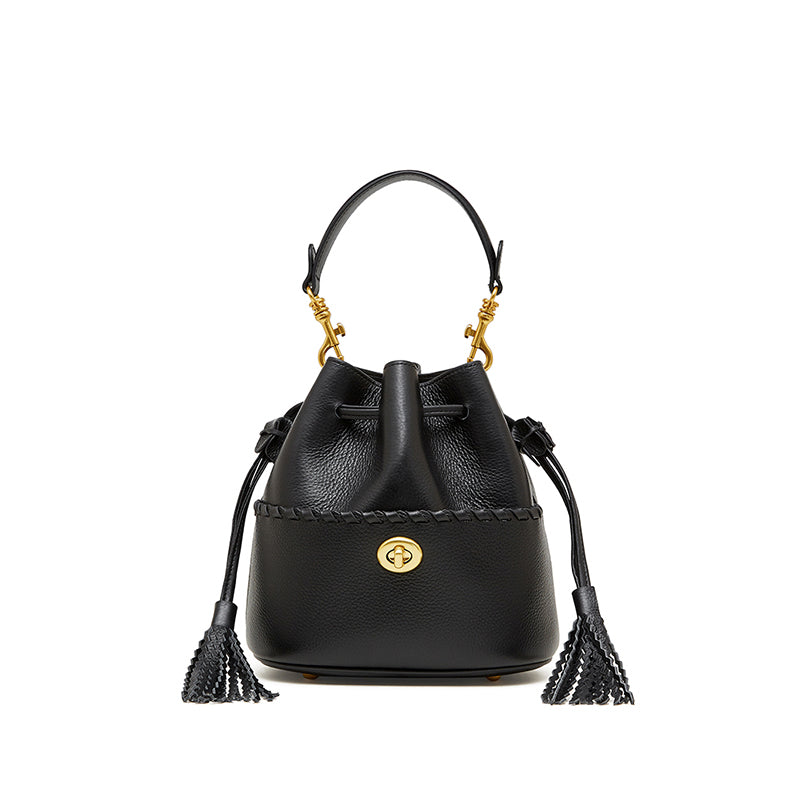 Genuine leather high-grade first-layer cowhide bucket bag tassel niche drawstring shoulder messenger bag