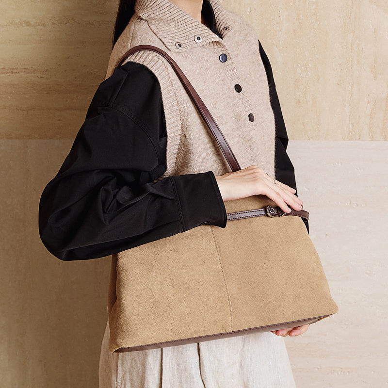 Cowhide high-grade matte texture tote bag genuine leather versatile suede retro handheld shoulder bag