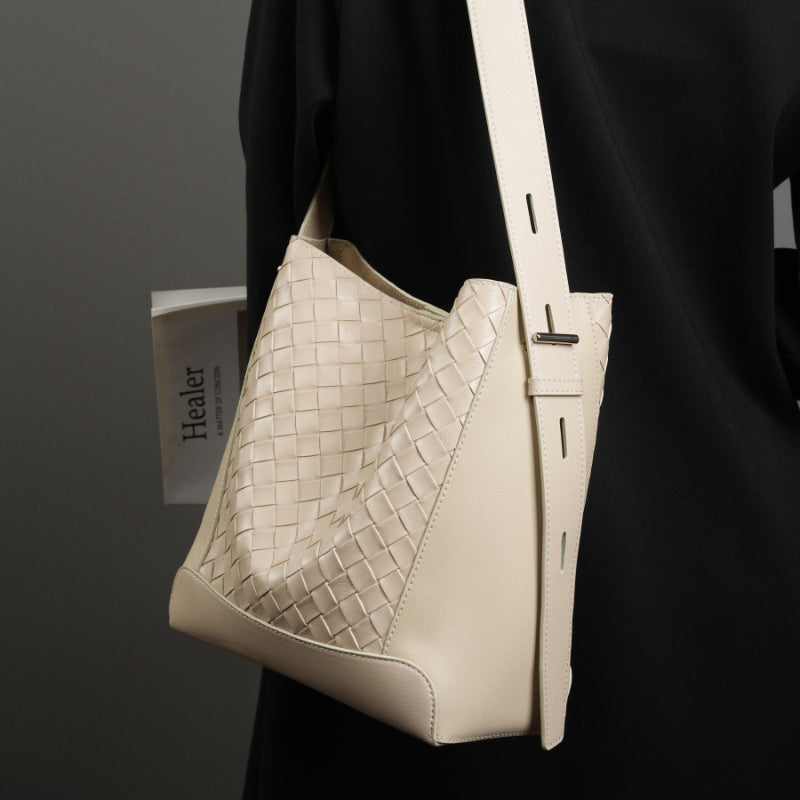 Cowhide hand-woven tote bag genuine leather fashionable shoulder crossbody bag