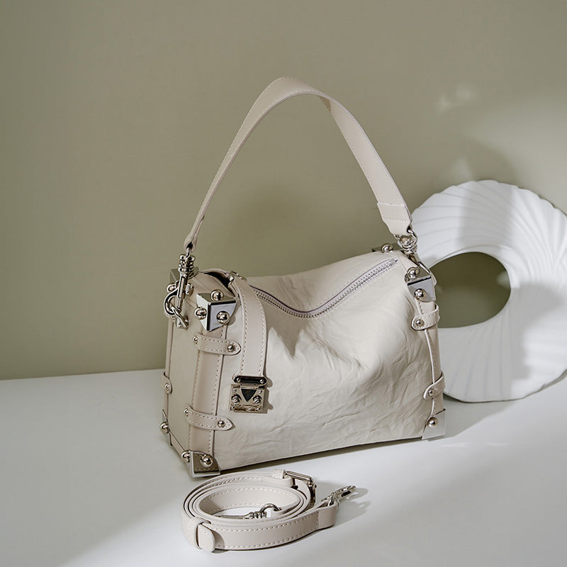 Willow rivet genuine leather handbag popular square soft box lazy style shoulder crossbody bag