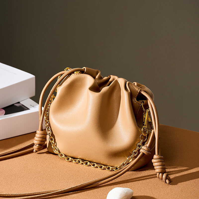 Korean style genuine leather bucket bag cowhide chain cloud bag versatile cowhide women's bag