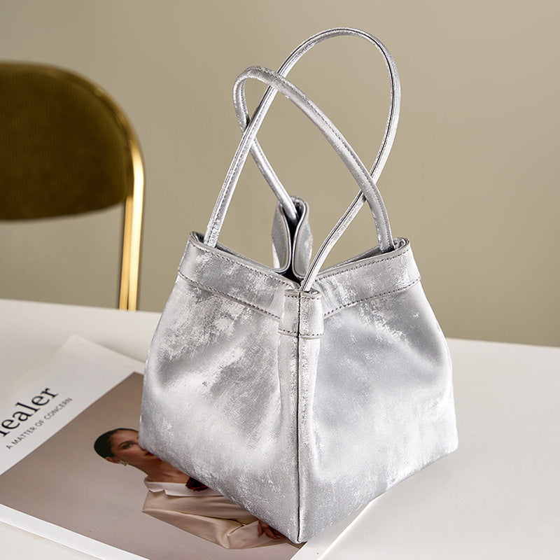 Genuine leather bucket bag new Chinese style niche satin cowhide shoulder crossbody wing bag