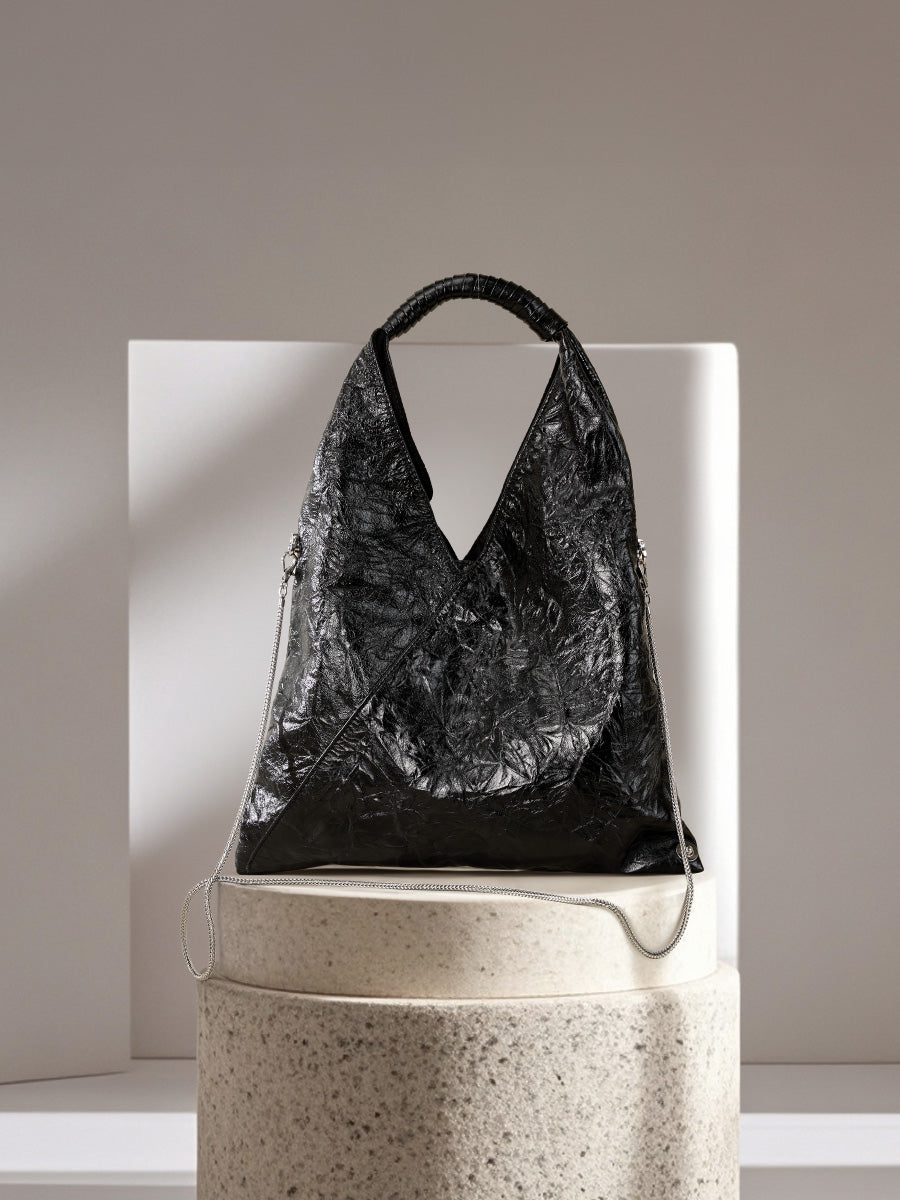 French loose triangle pleated tote bag women's light large capacity women's bag first layer cowhide shoulder underarm bag