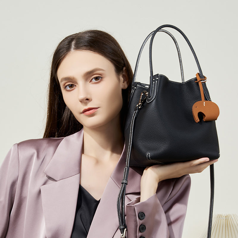 Fashion genuine leather bucket bag niche first layer cowhide retro shoulder crossbody bag