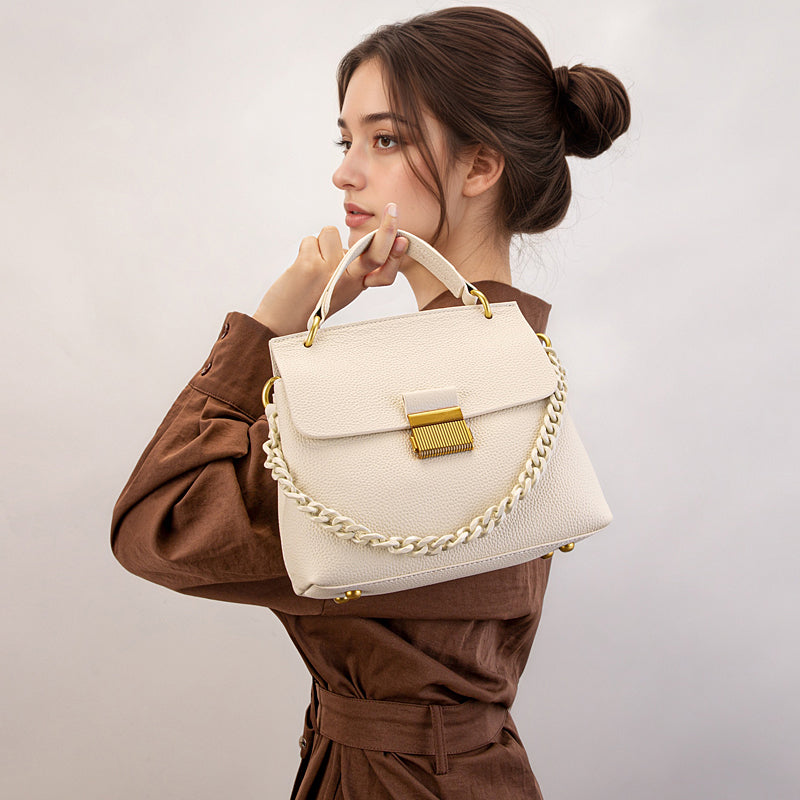 Genuine leather shoulder bag, shell chain bag, textured flip crossbody bag, large capacity commuter handbag