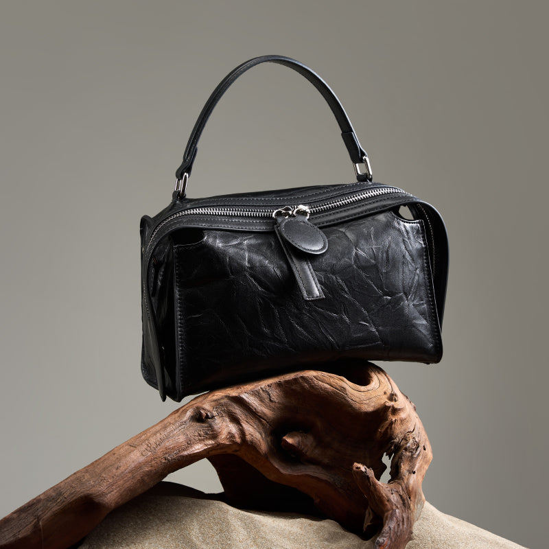 Genuine leather high-end Boston bag light luxury wrinkled cowhide handbag shoulder crossbody bag