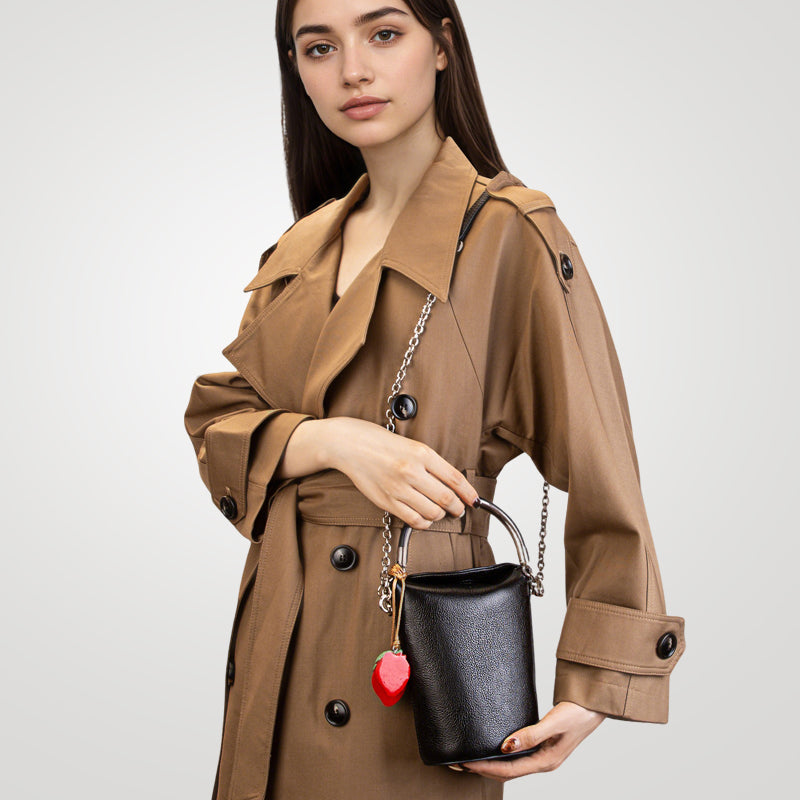 Genuine leather high-end retro Maillard mobile phone bag shoulder crossbody bucket bag