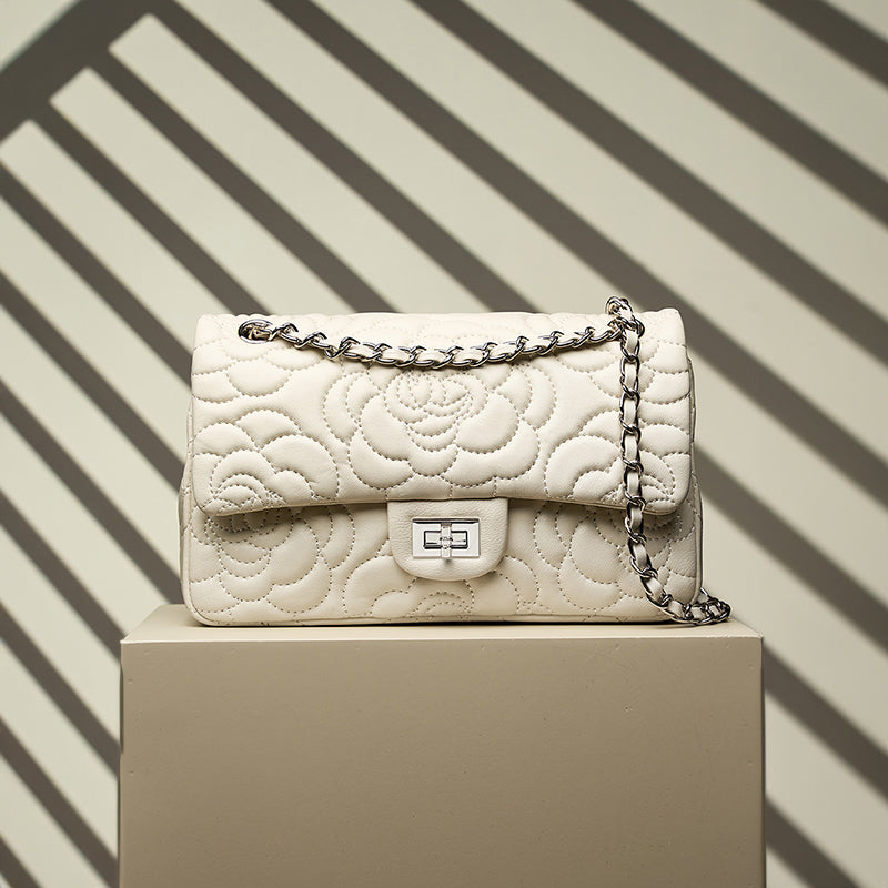 Genuine leather small Chanel style camellia shoulder bag diamond texture chain crossbody bag