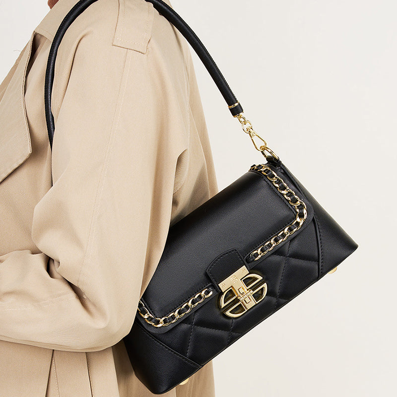 Genuine leather heavy embroidery baguette small square chain bag high-end shoulder underarm bag