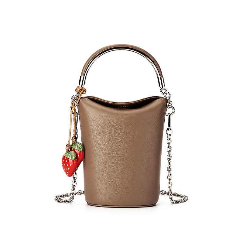 Genuine leather high-end retro Maillard mobile phone bag shoulder crossbody bucket bag