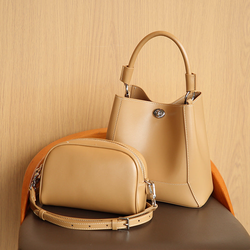 Genuine leather mother-and-child bucket bag handbag shoulder bag soft leather simple crossbody bag