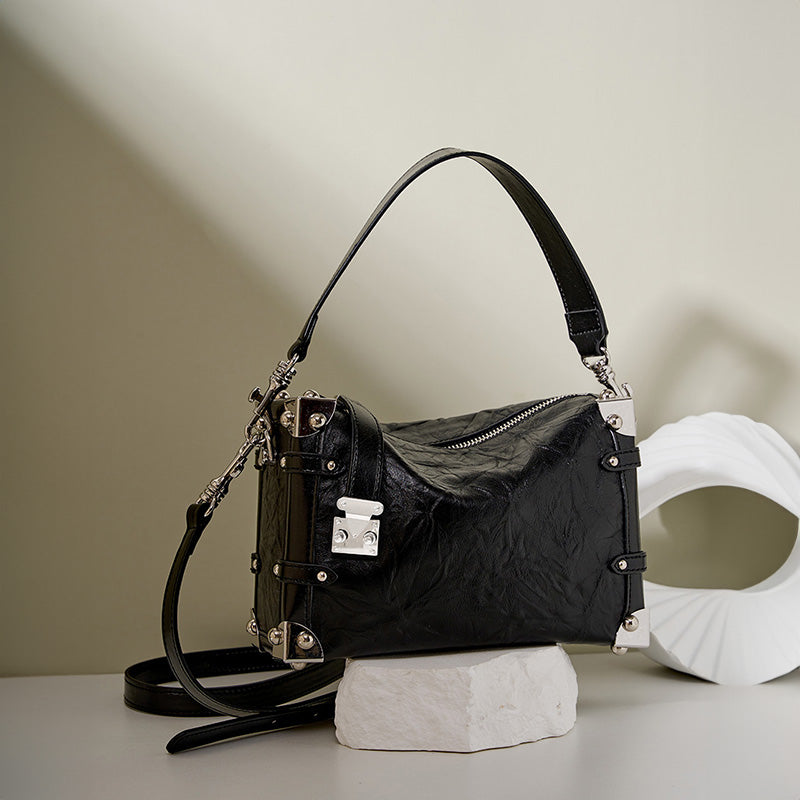 Willow rivet genuine leather handbag popular square soft box lazy style shoulder crossbody bag