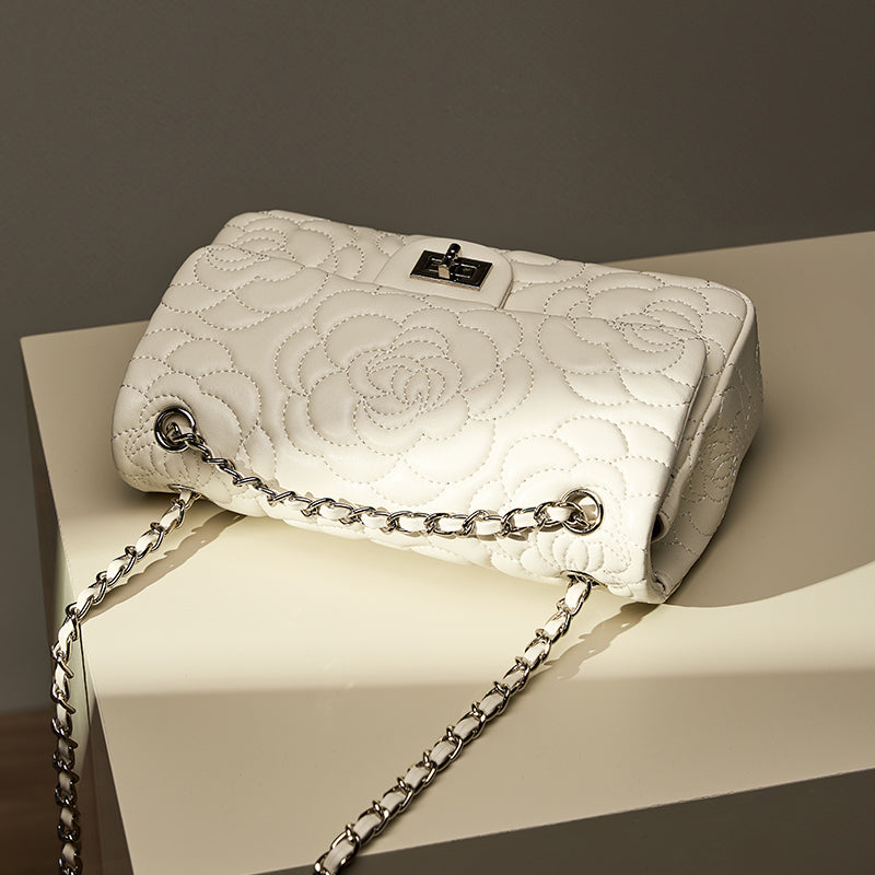 Genuine leather small Chanel style camellia shoulder bag diamond texture chain crossbody bag
