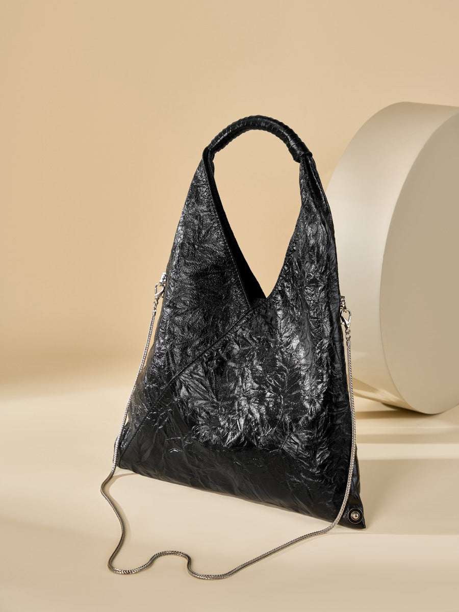 French loose triangle pleated tote bag women's light large capacity women's bag first layer cowhide shoulder underarm bag