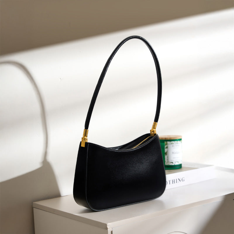 Genuine leather simple shoulder bag versatile baguette bag French style underarm retro women's bag
