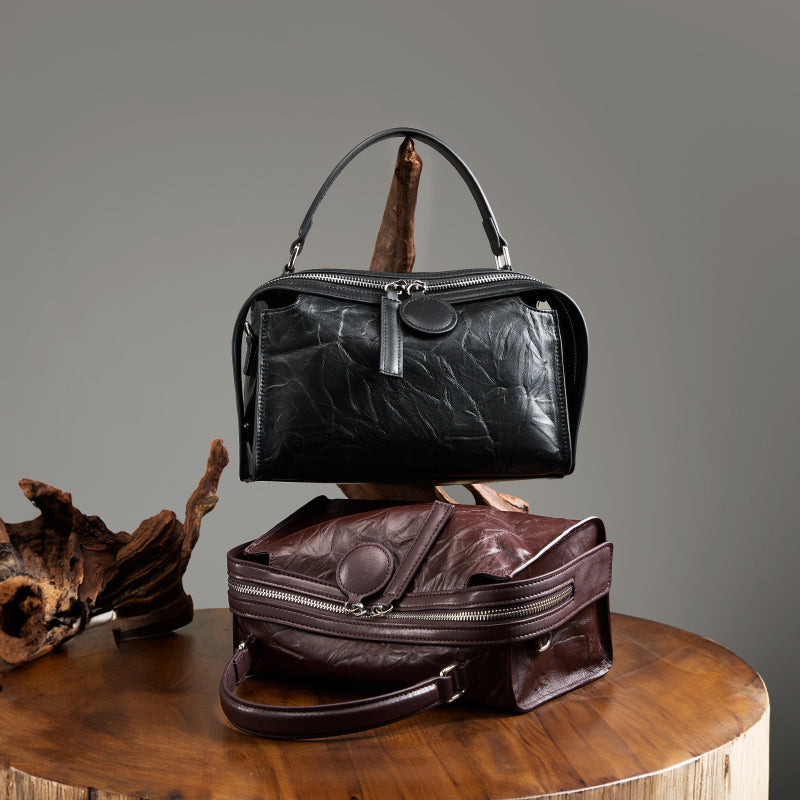Genuine leather high-end Boston bag light luxury wrinkled cowhide handbag shoulder crossbody bag