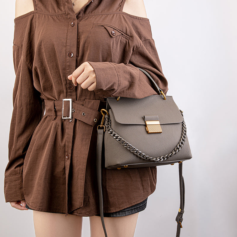 Genuine leather shoulder bag, shell chain bag, textured flip crossbody bag, large capacity commuter handbag