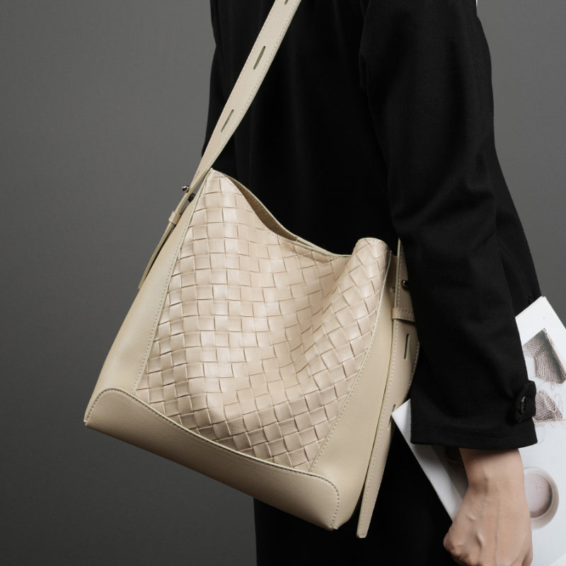 Cowhide hand-woven tote bag genuine leather fashionable shoulder crossbody bag