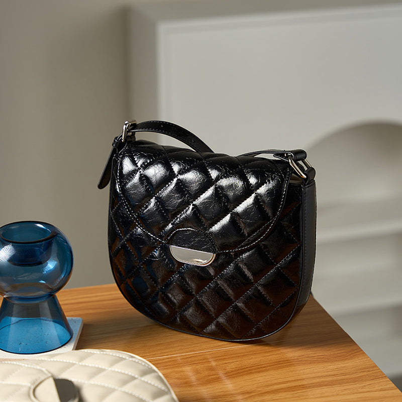 Genuine leather niche semi-circular saddle bag diamond-shaped underarm bag shoulder crossbody bag