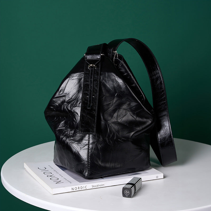 Lazy and comfortable wrinkled bucket bag first layer cowhide women's high-grade tote bag