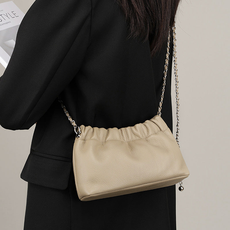 Genuine leather gold ball chain underarm bag cloud pleated bag shoulder crossbody bag