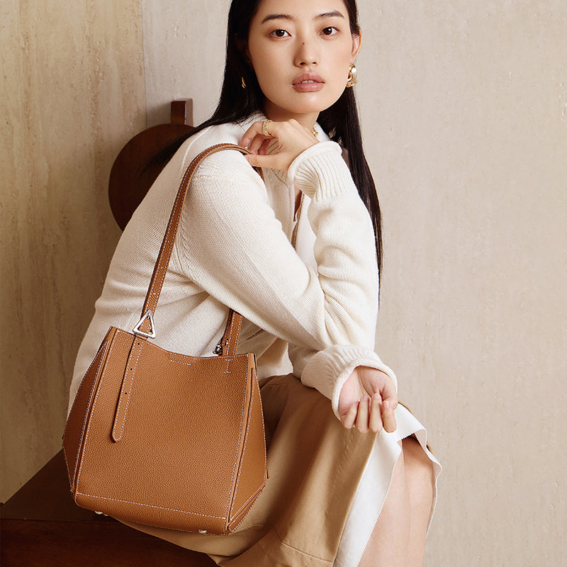 First layer cowhide tote bag genuine leather geometric bag deformable shoulder large bag