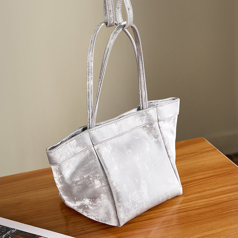 Genuine leather bucket bag new Chinese style niche satin cowhide shoulder crossbody wing bag