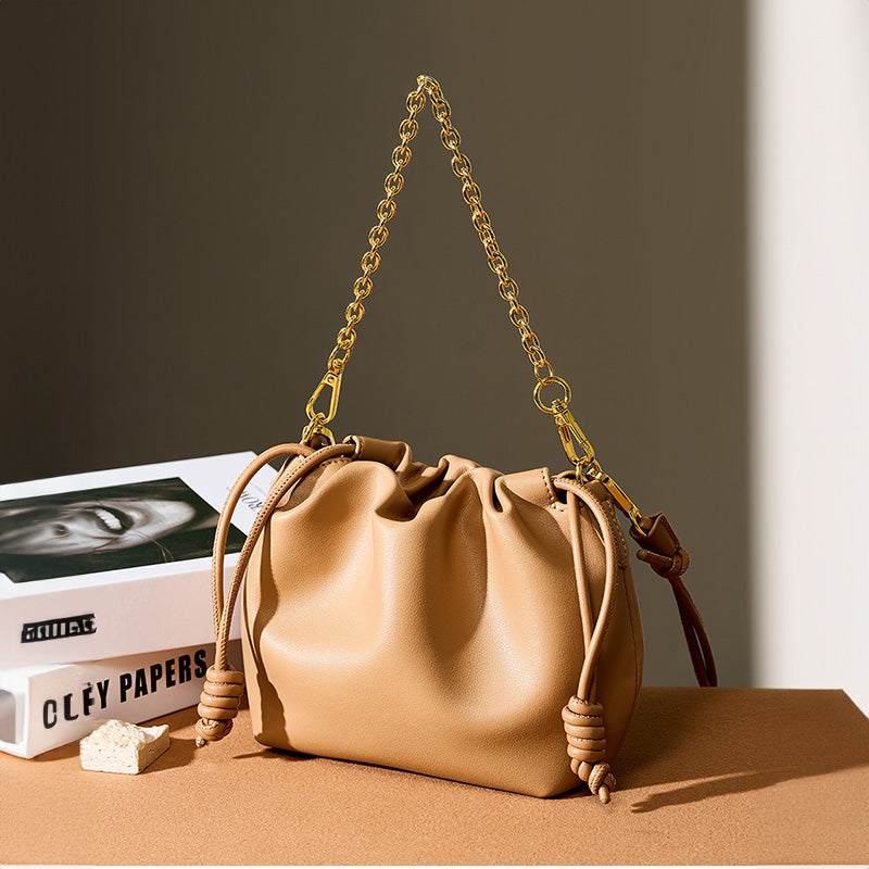 Korean style genuine leather bucket bag cowhide chain cloud bag versatile cowhide women's bag