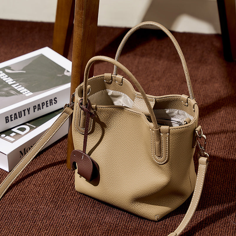 Fashion genuine leather bucket bag niche first layer cowhide retro shoulder crossbody bag