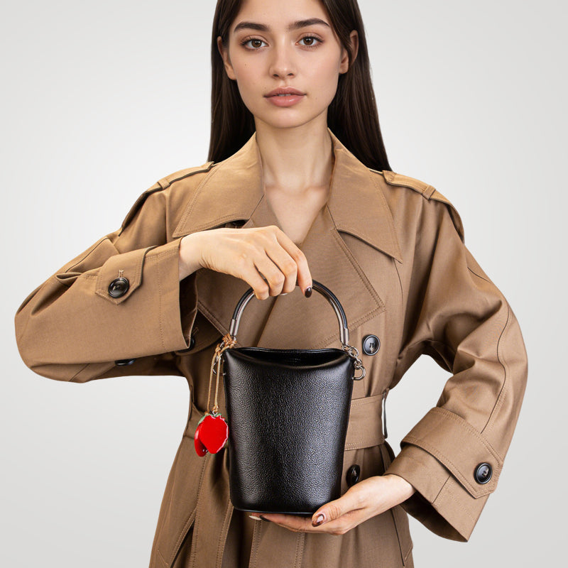 Genuine leather high-end retro Maillard mobile phone bag shoulder crossbody bucket bag