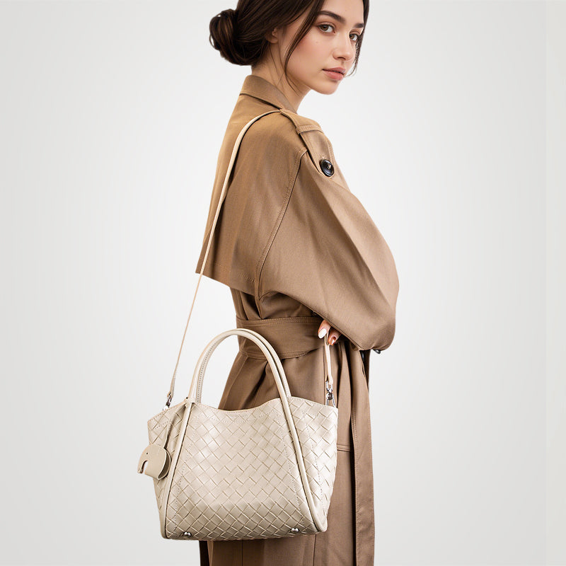 Genuine leather woven pattern tote bag large capacity versatile handheld crossbody bag mother and daughter bag