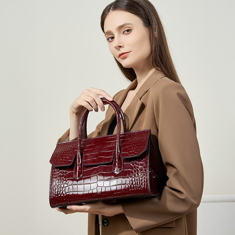 Genuine leather Boston shoulder bag crocodile pattern handbag large bag light luxury simple crossbody bag