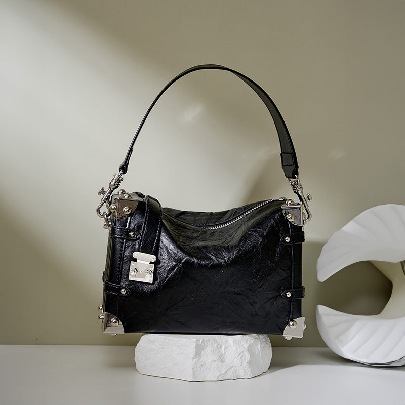 Willow rivet genuine leather handbag popular square soft box lazy style shoulder crossbody bag