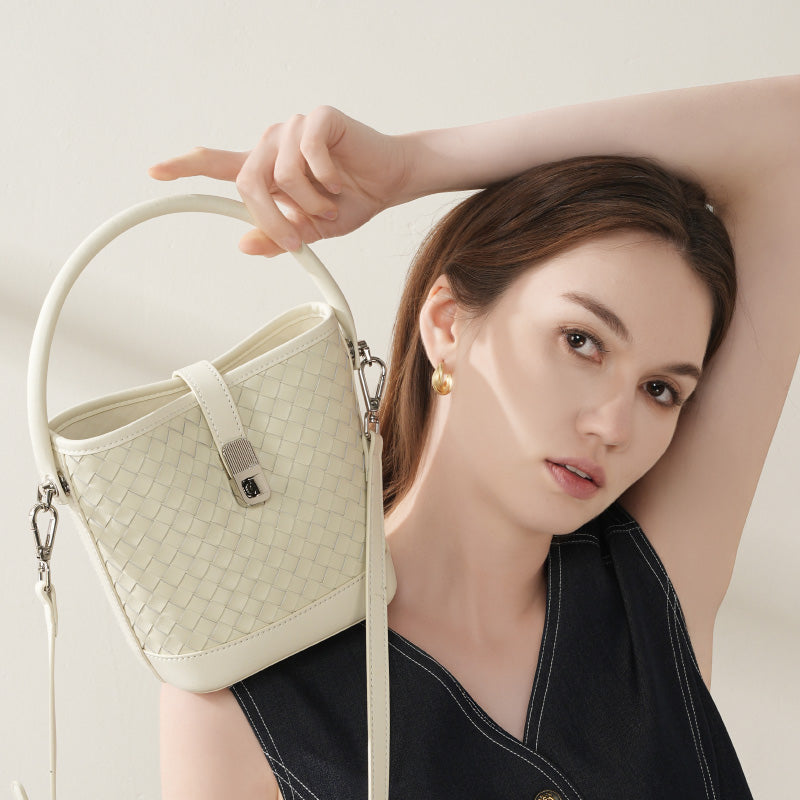 First layer sheepskin braided bucket bag shoulder handbag