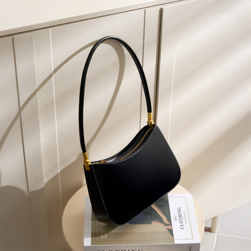 Genuine leather simple shoulder bag versatile baguette bag French style underarm retro women's bag