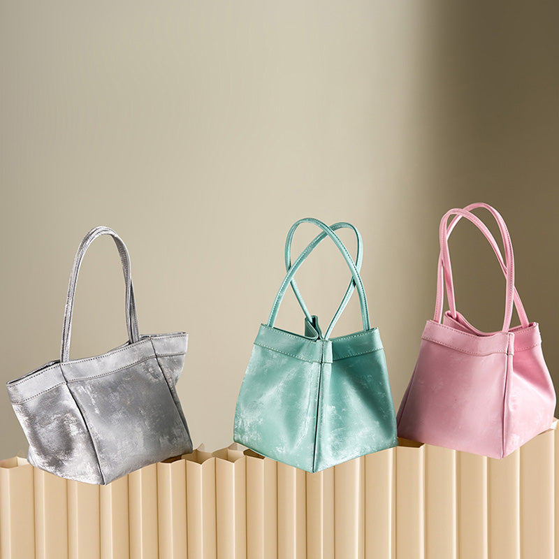 Genuine leather bucket bag new Chinese style niche satin cowhide shoulder crossbody wing bag
