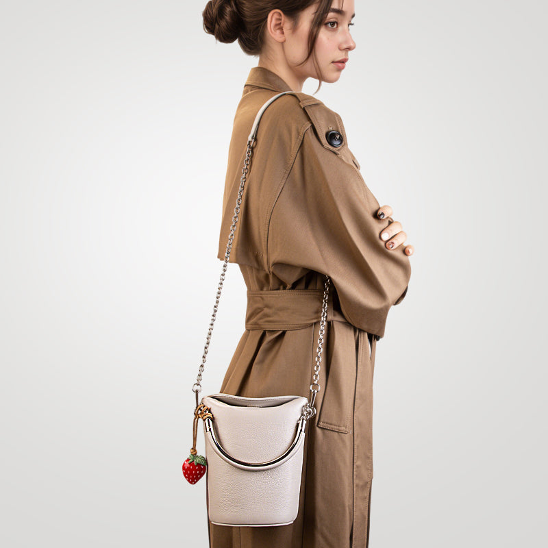 Genuine leather high-end retro Maillard mobile phone bag shoulder crossbody bucket bag