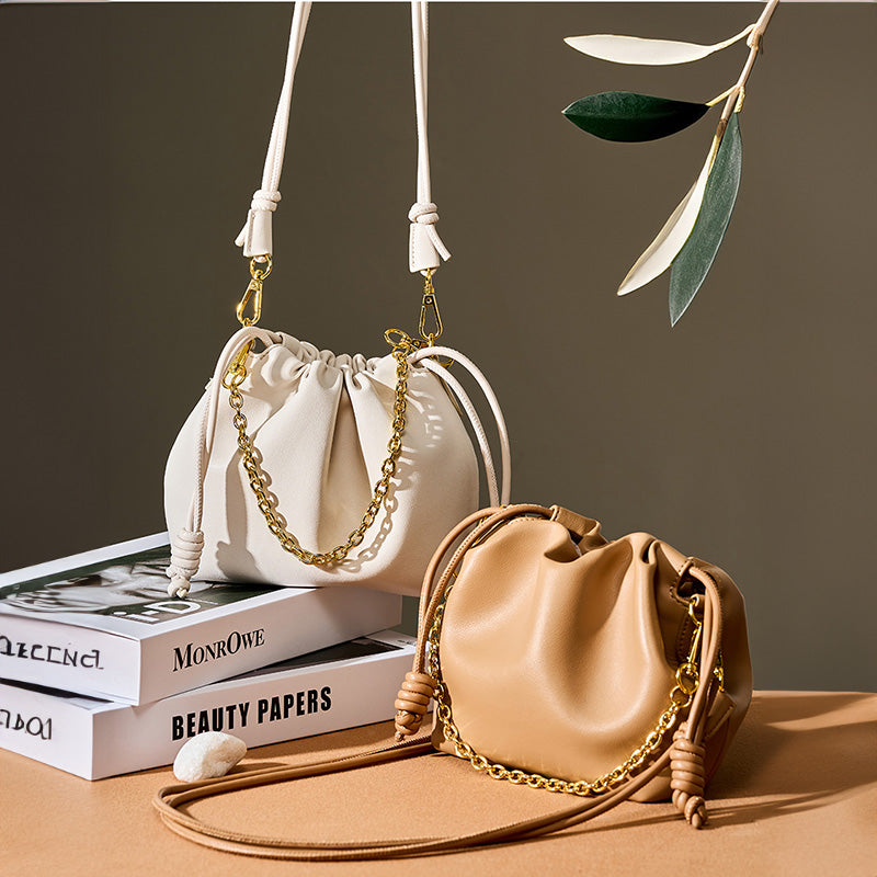 Korean style genuine leather bucket bag cowhide chain cloud bag versatile cowhide women's bag