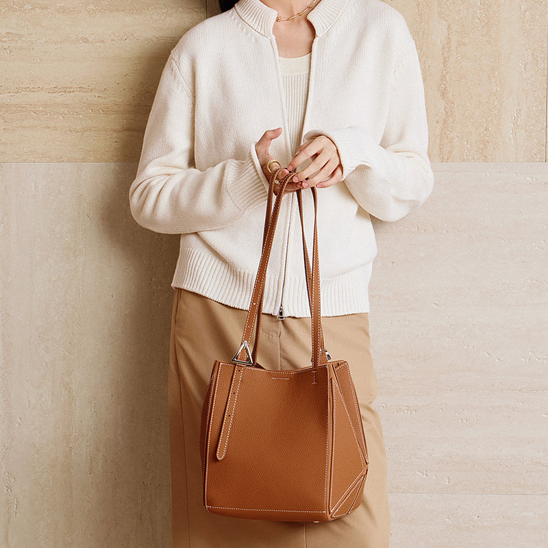 First layer cowhide tote bag genuine leather geometric bag deformable shoulder large bag