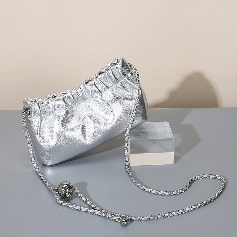 Genuine leather gold ball chain underarm bag cloud pleated bag shoulder crossbody bag