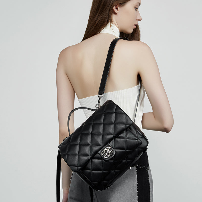 Genuine leather Chanel style diamond pattern exquisite backpack