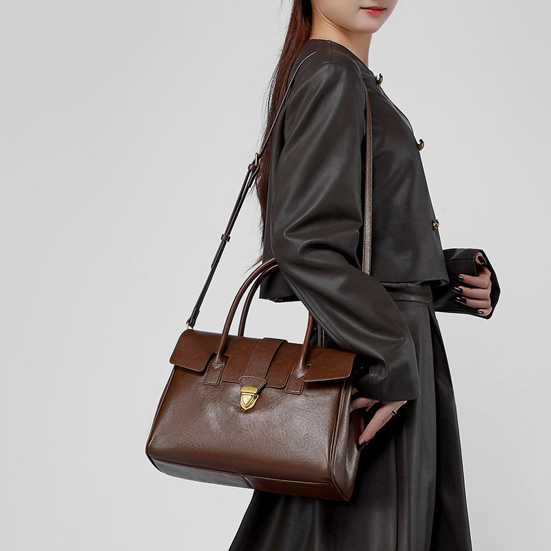 Genuine leather vintage handheld tote bag vegetable tanned cowhide briefcase versatile large bag