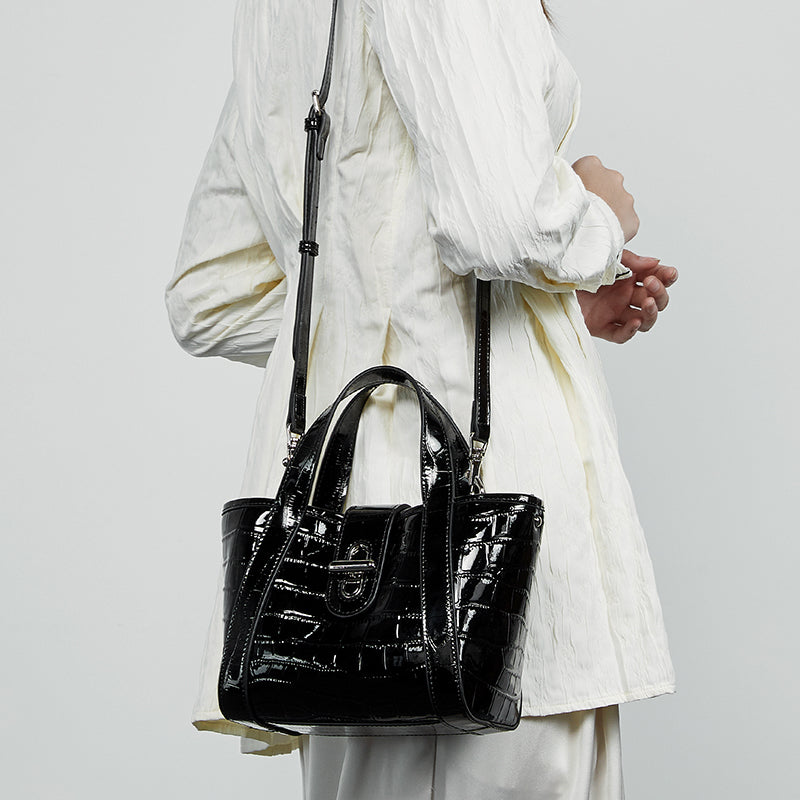 Genuine leather all-match crossbody bag bucket bag crocodile pattern light luxury niche handbag high-end tote bag
