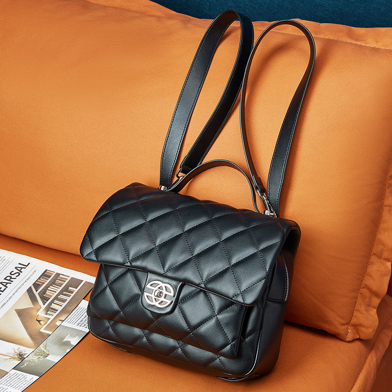 Genuine leather Chanel style diamond pattern exquisite backpack