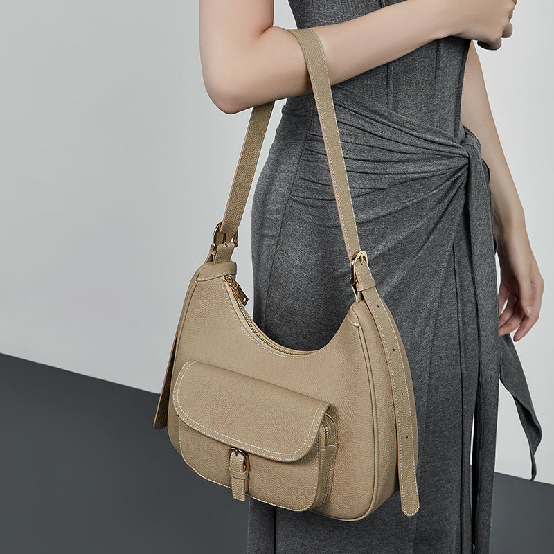 Genuine leather top layer cowhide underarm bag tote bag large capacity saddle bag shoulder bag women's work commuter bag